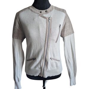 Banana Republic Merino Wool Suede Trim Moto Jacket Sweater Beige Full Zip Mens M
